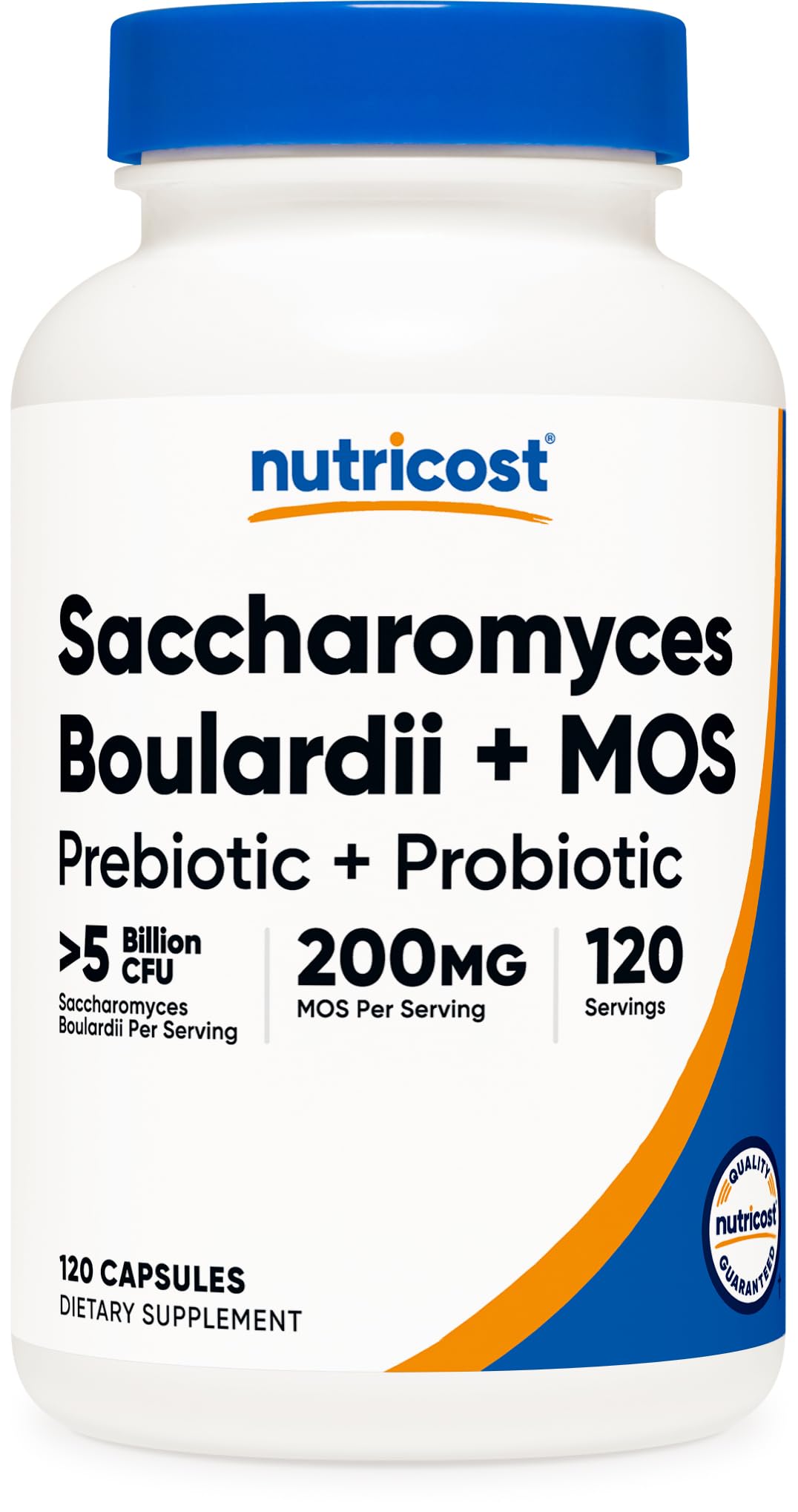 Nutricost frasco frontal mostrando Saccharomyces boulardii y MOS para identificar producto