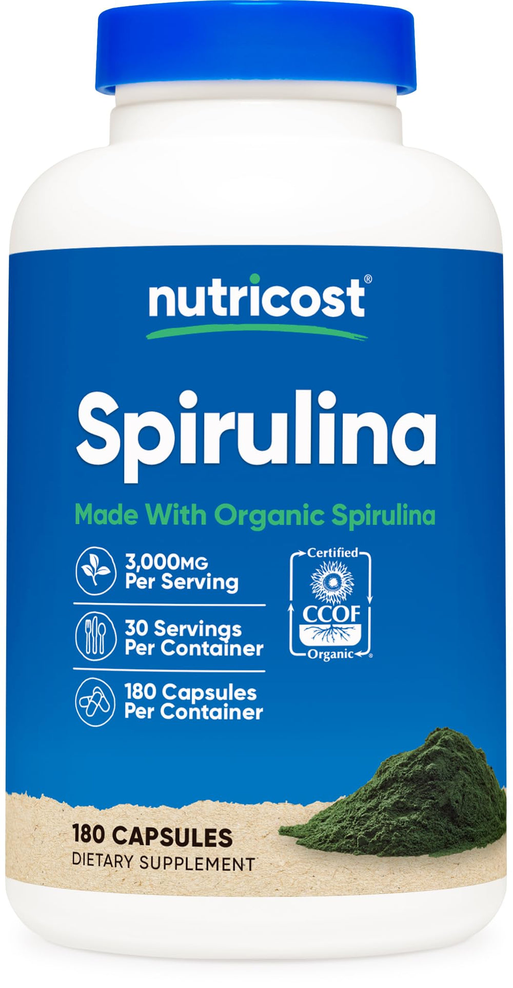 Nutricost frasco frontal de spirulina mostrando etiqueta y beneficio de conveniencia