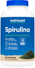 Nutricost frasco frontal de spirulina mostrando etiqueta y beneficio de conveniencia