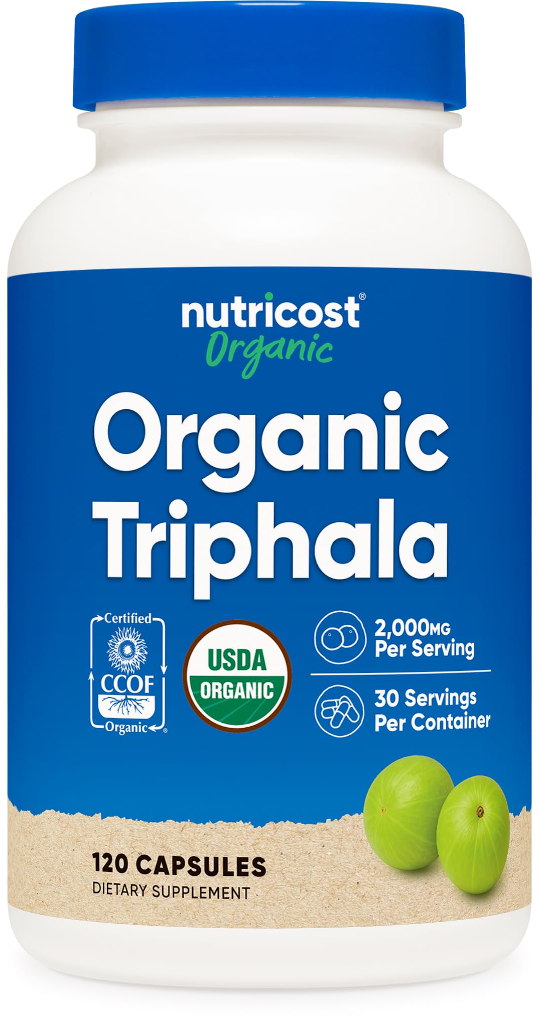 Nutricost frasco frontal mostrando 120 cápsulas y beneficios orgánicos