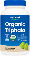 Nutricost frasco frontal mostrando 120 cápsulas y beneficios orgánicos