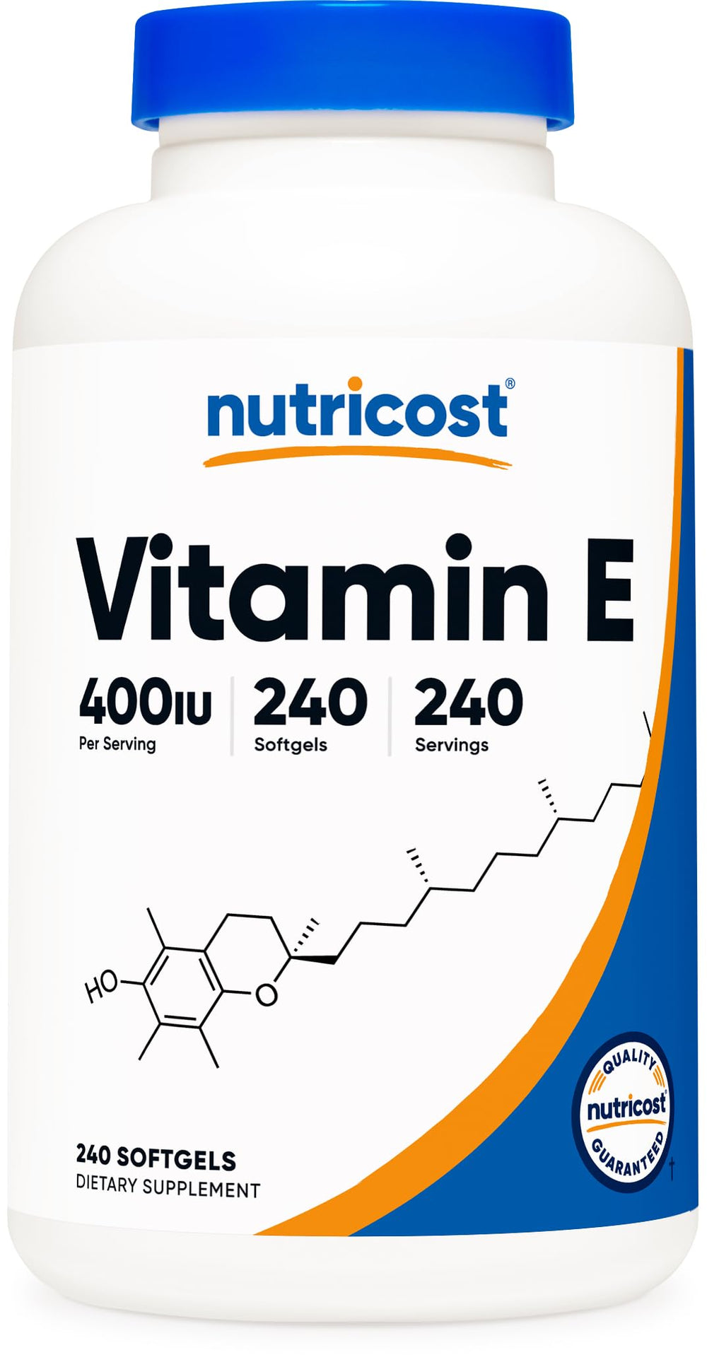Nutricost frasco frontal vitamina E mostrando envase y beneficios