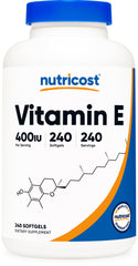 Nutricost frasco frontal vitamina E mostrando envase y beneficios