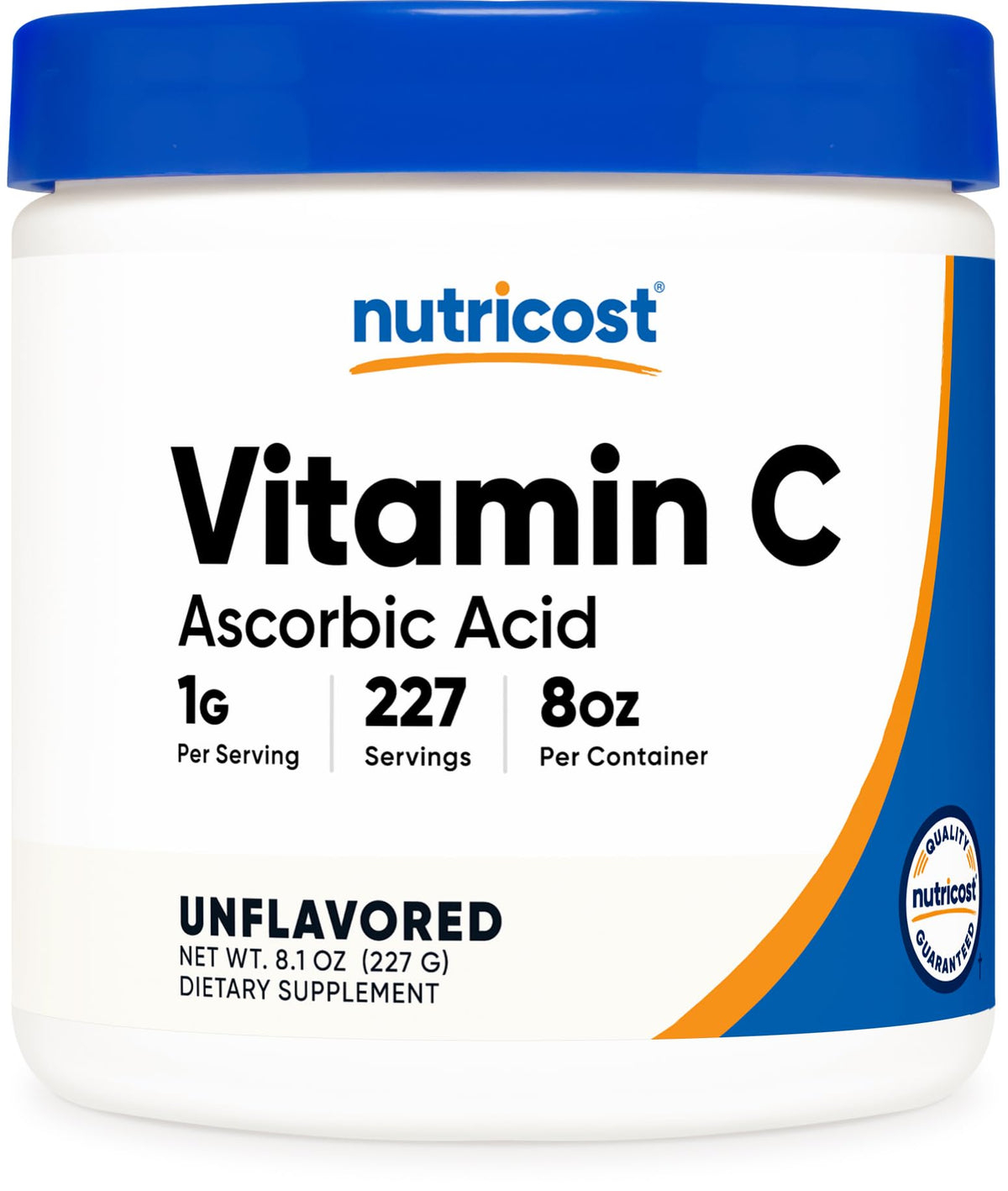 Nutricost envase frontal de ascorbic acid polvo puro, fácil identificación y uso