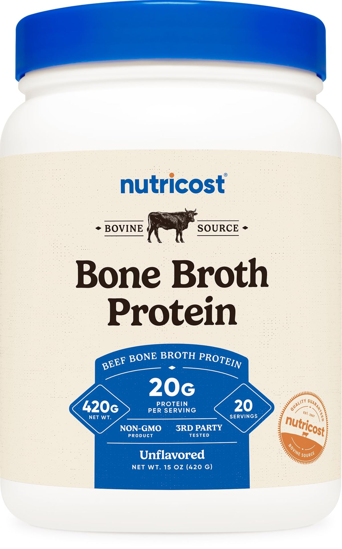 Nutricost envase frontal mostrando etiqueta y beneficios visibles