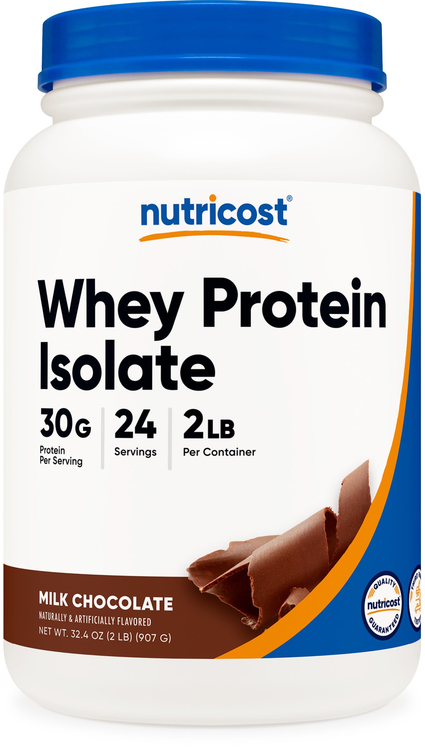 Nutricost envase frente mostrando etiqueta y sabor milk chocolate, claridad de producto