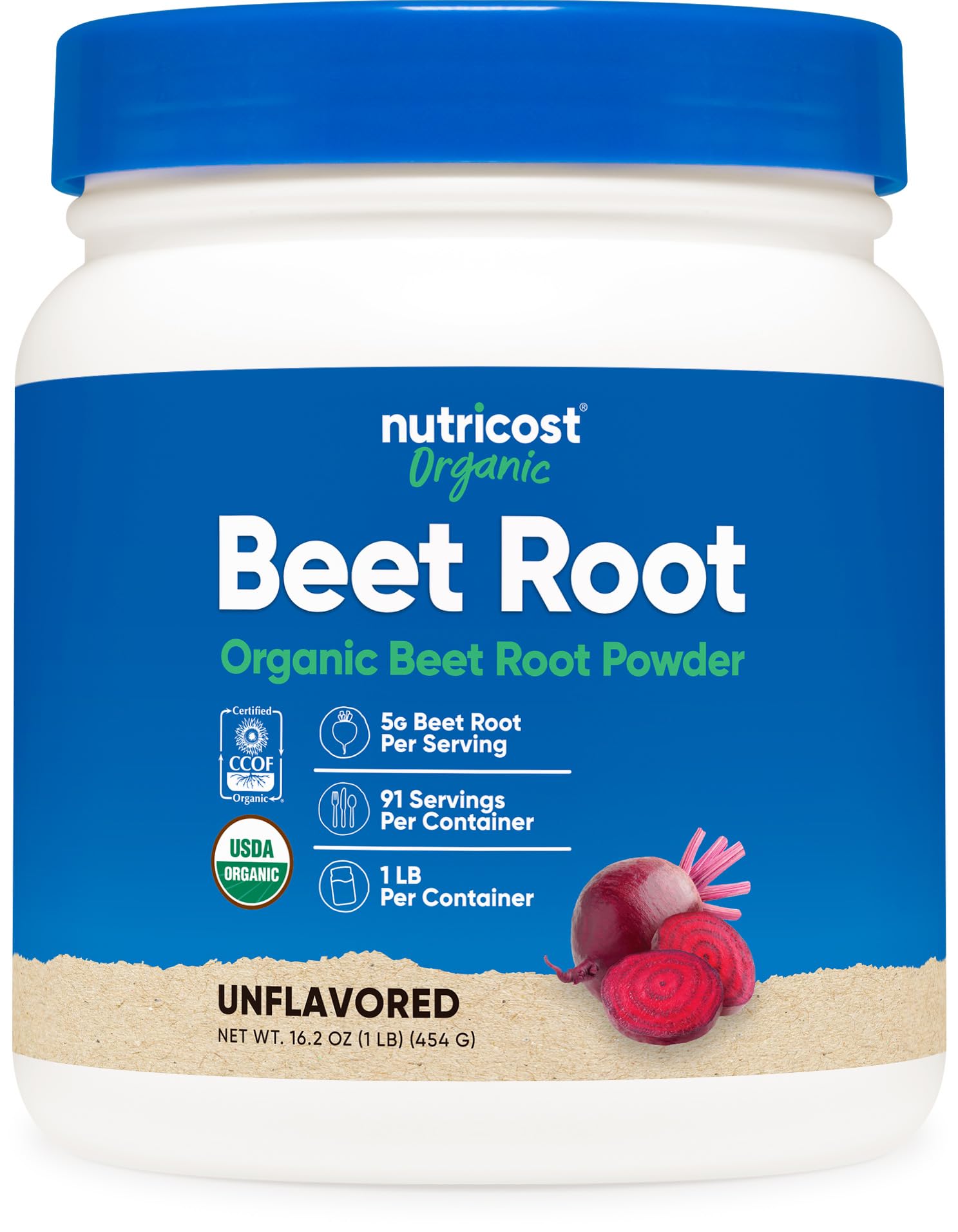 Nutricost envase frontal de polvo de remolacha orgánica, identificación clara