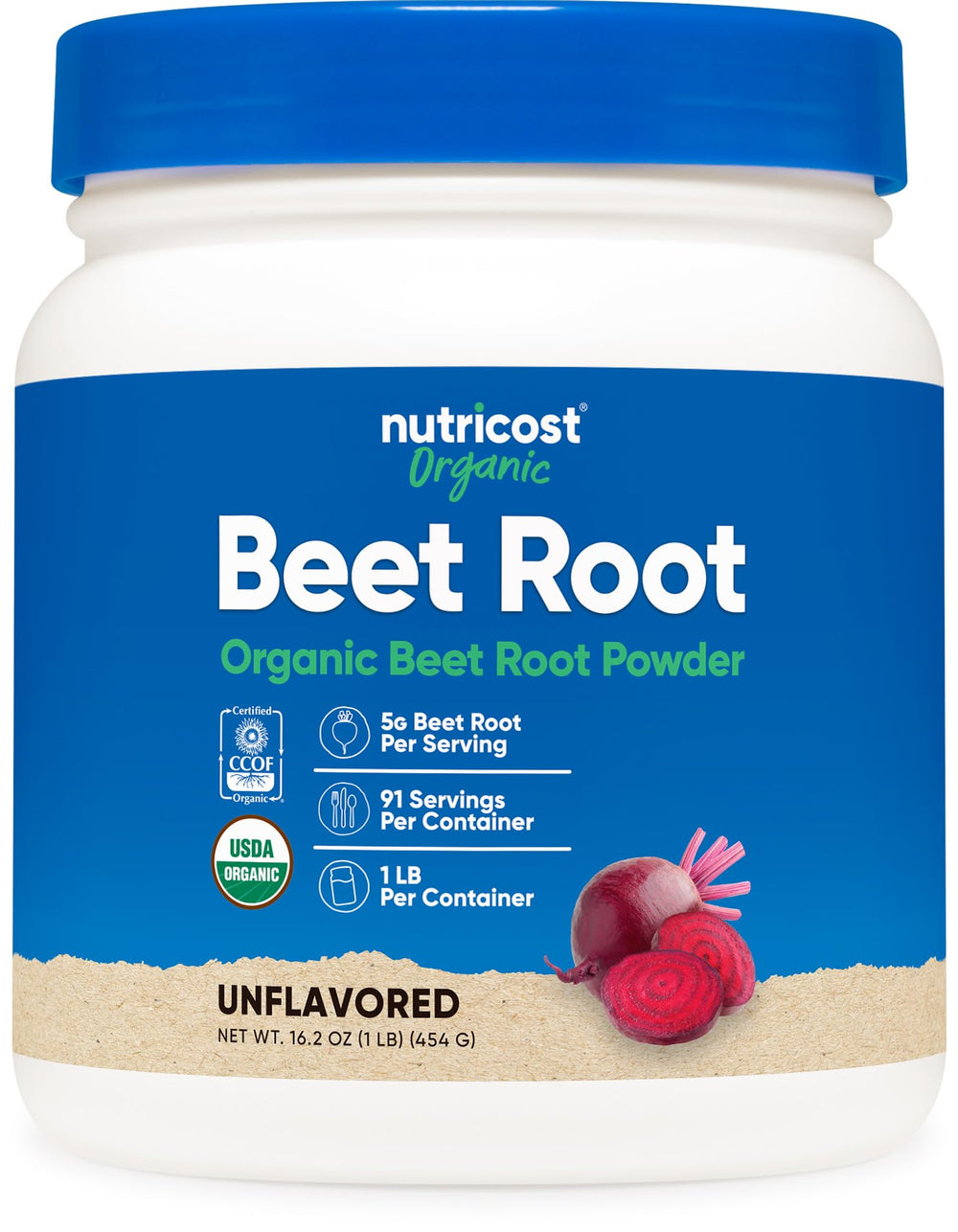 Nutricost envase frontal de polvo de remolacha orgánica, identificación clara