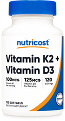 Nutricost frasco frente mostrando etiqueta y beneficio combinación D3 y K2