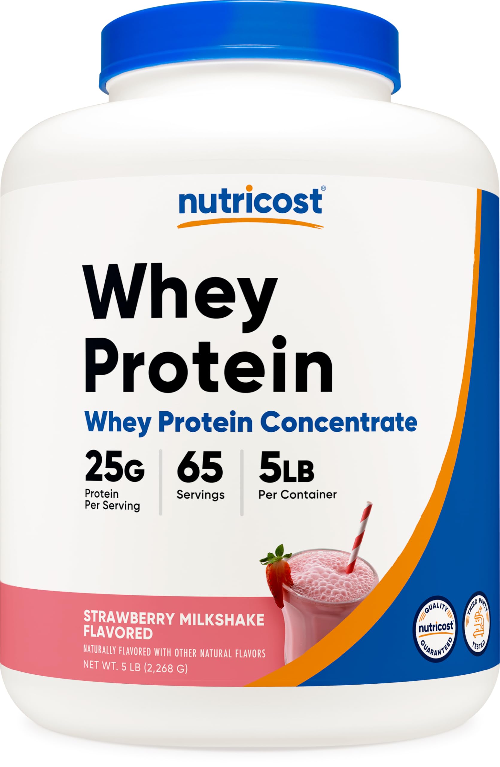 Nutricost envase frontal de Whey 5LBS con sabor fresa, muestra presentación y conveniencia