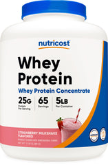 Nutricost envase frontal de Whey 5LBS con sabor fresa, muestra presentación y conveniencia