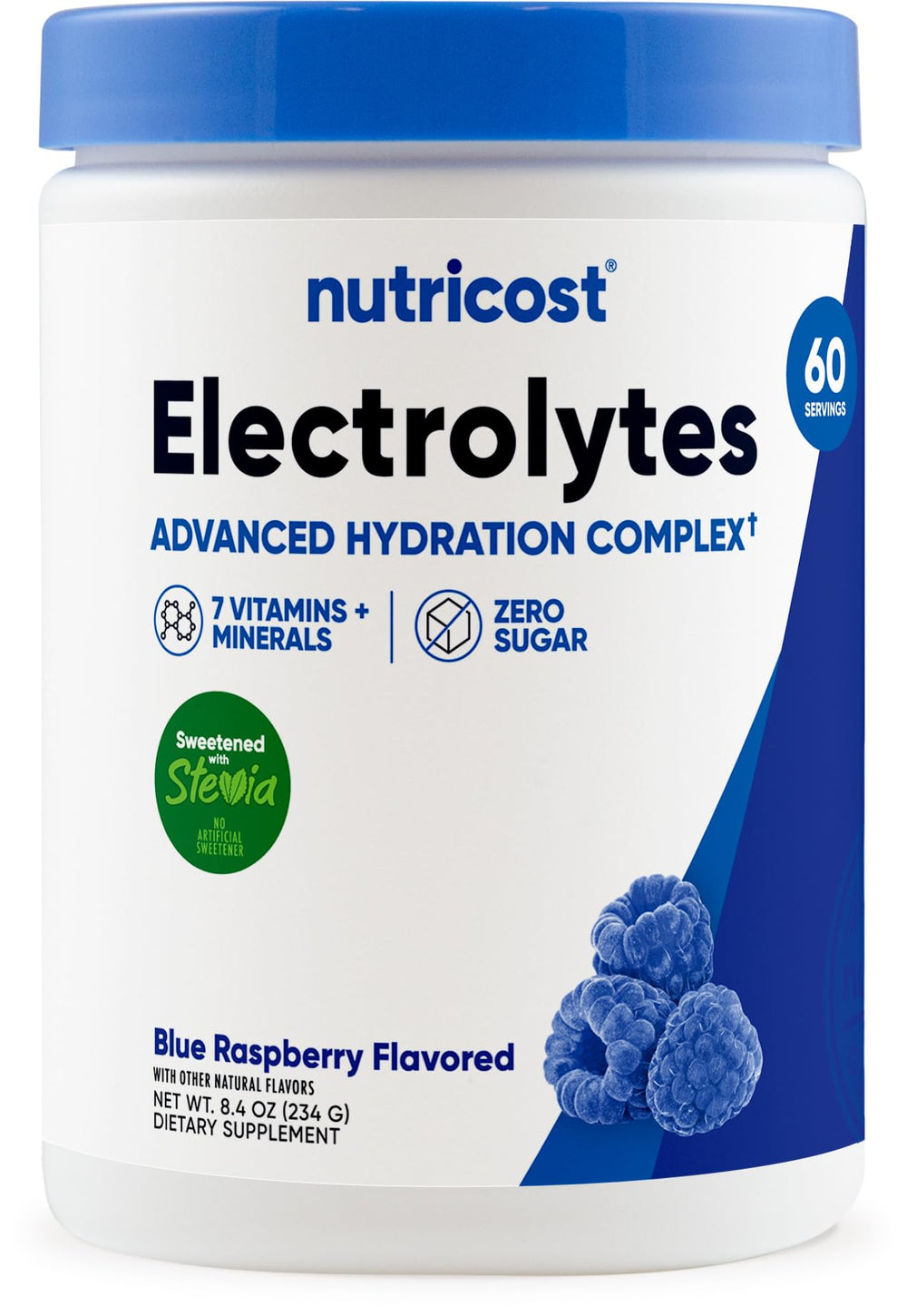 Nutricost envase frontal mostrando sabor y 60 servicios, hidratación práctica