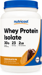 Nutricost envase frontal mostrando sabor chocolate mantequilla de cacahuate y beneficios proteicos
