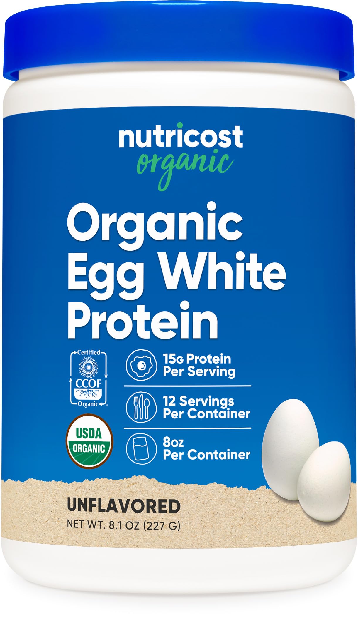 Nutricost envase frontal mostrando etiqueta y beneficio proteína orgánica