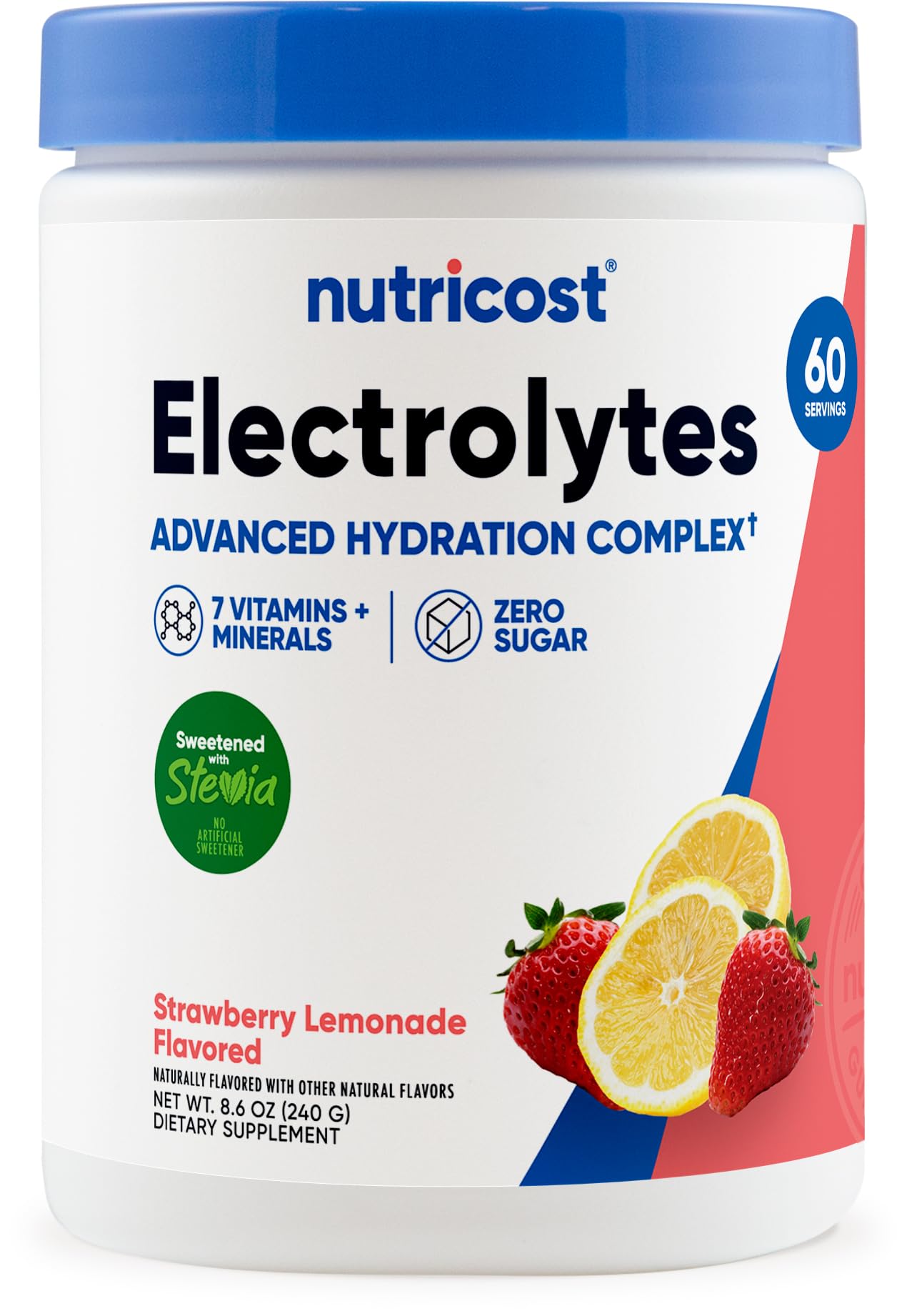 Nutricost frente del envase mostrando 60 porciones y sabor fresa limón beneficios hidratación rápida