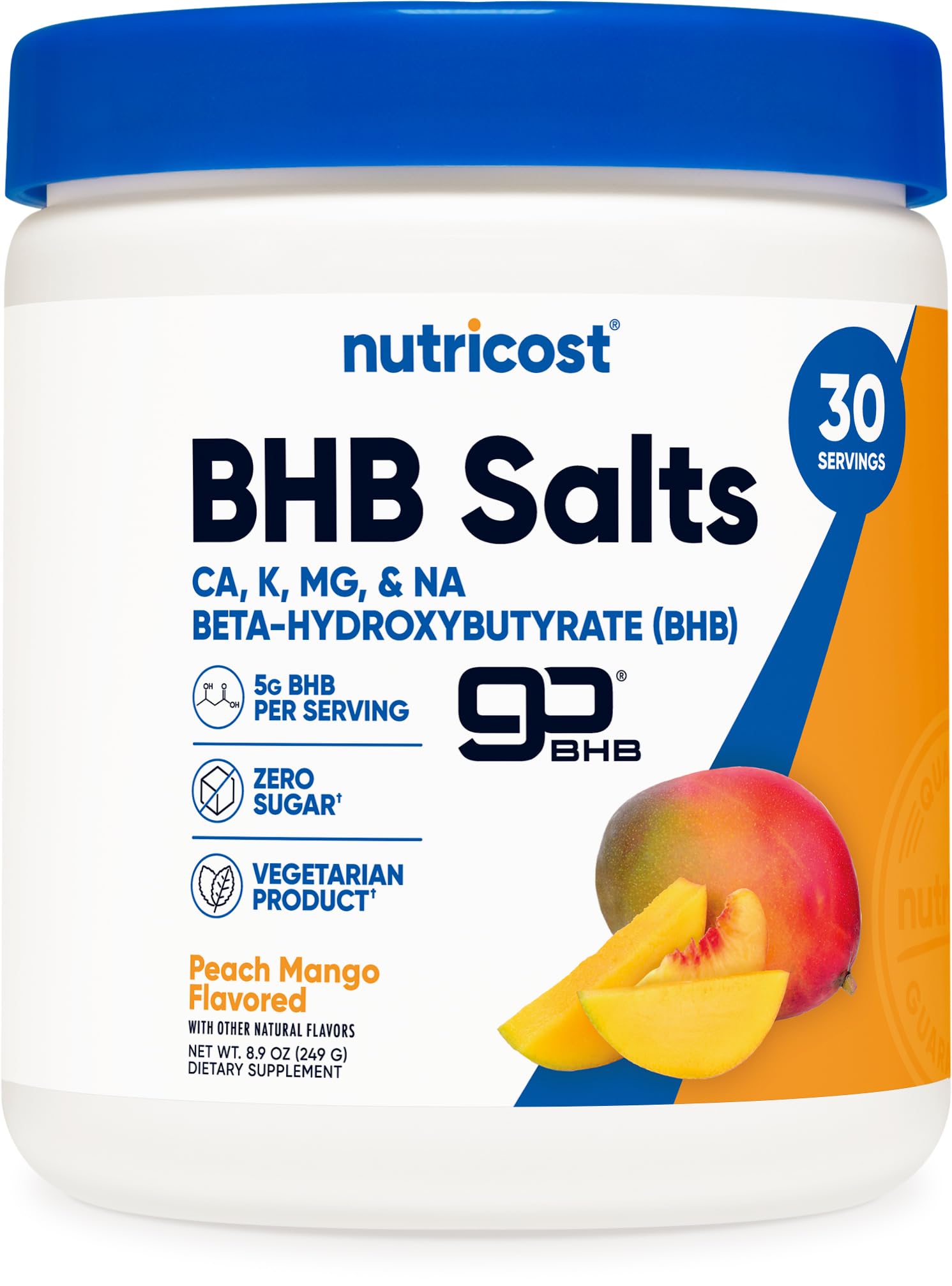 Nutricost frente del envase mostrando sabor Durazno Mango y cantidad de servicios