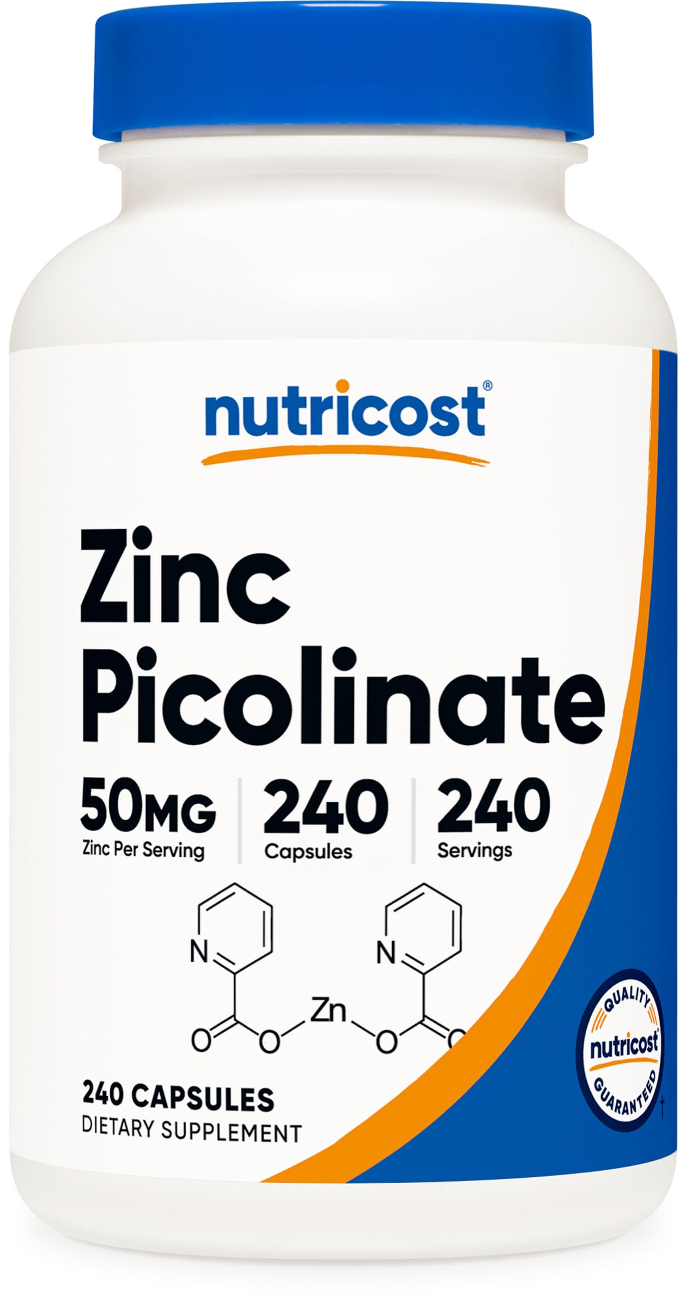 Nutricost frasco frontal mostrando zinc picolinato 50 mg beneficio conveniencia