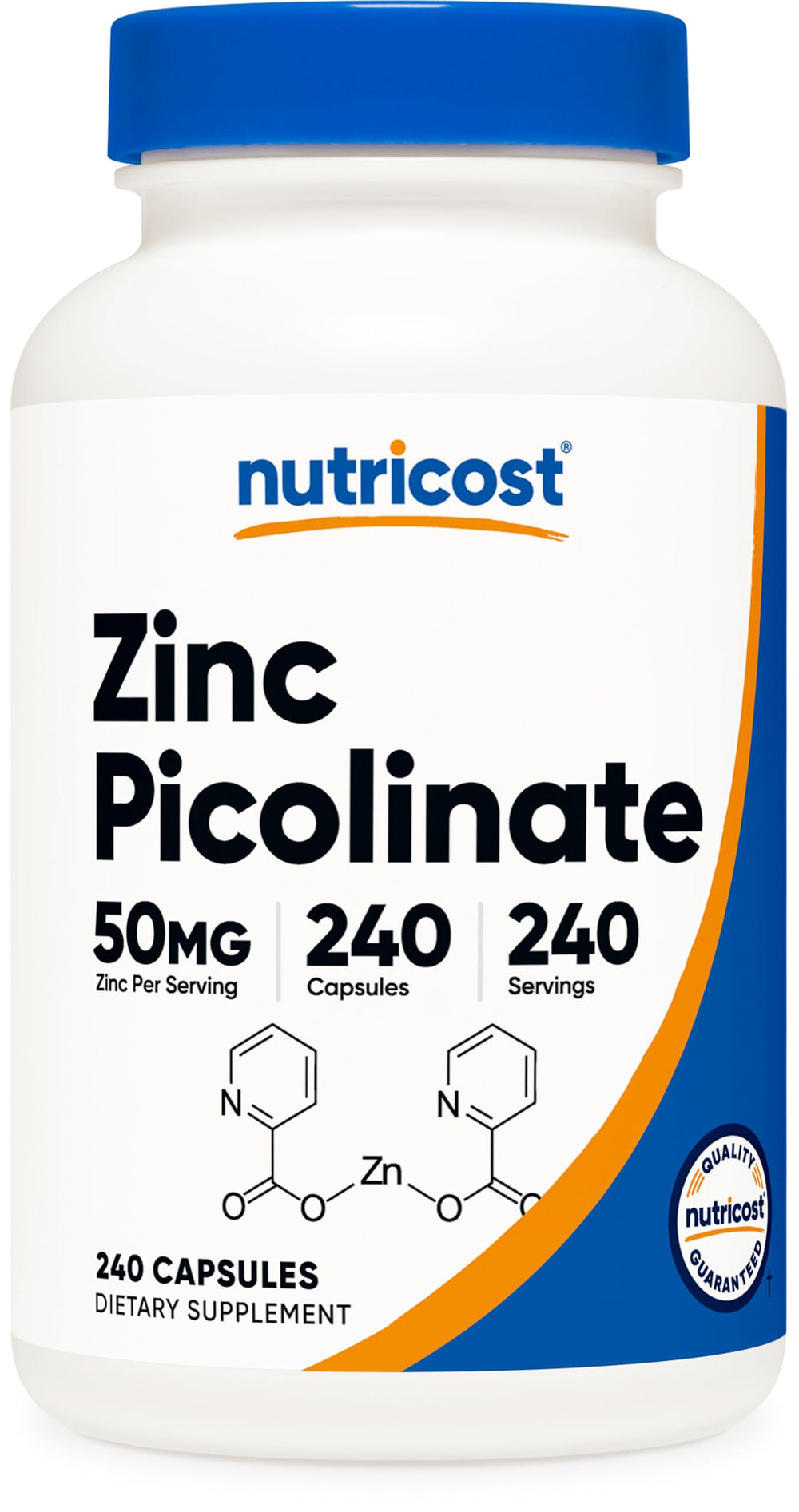 Nutricost frasco frontal mostrando zinc picolinato 50 mg beneficio conveniencia