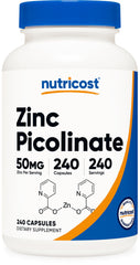 Nutricost frasco frontal mostrando zinc picolinato 50 mg beneficio conveniencia