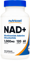 Nutricost frasco frontal mostrando 120 cápsulas y lista de ingredientes beneficio de suministro prolongado