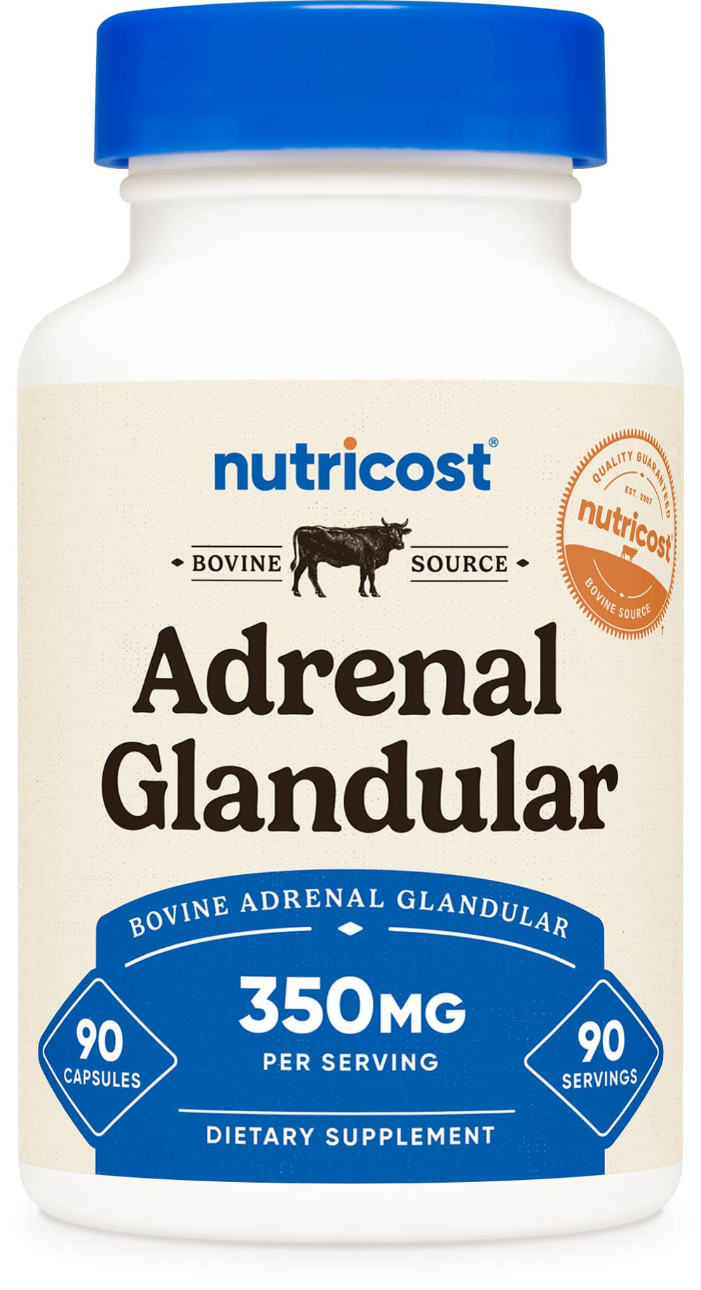 Nutricost envase frontal de Adrenal Glandular mostrando diseño y cantidad de cápsulas para confianza