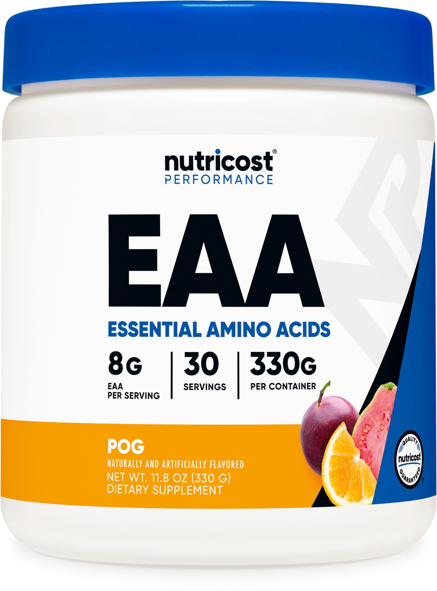 Nutricost envase frontal POG mostrando diseño y sabor maracuyá naranja guayaba