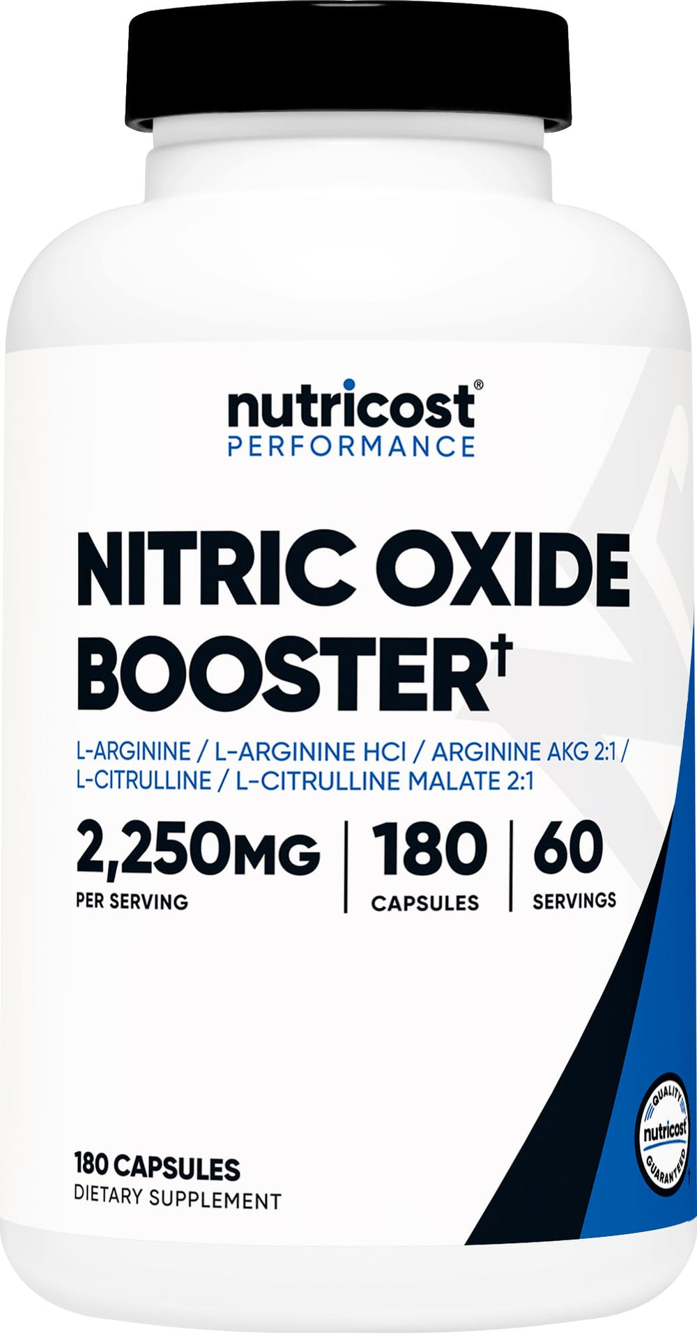 Nutricost frasco frontal mostrando etiqueta y cantidad 180 cápsulas, confianza de marca
