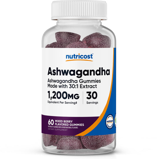 Nutricost envase frontal de Ashwagandha Gummies sabor Mixed Berry mostrando diseño y cantidad
