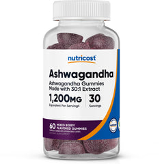 Nutricost envase frontal de Ashwagandha Gummies sabor Mixed Berry mostrando diseño y cantidad