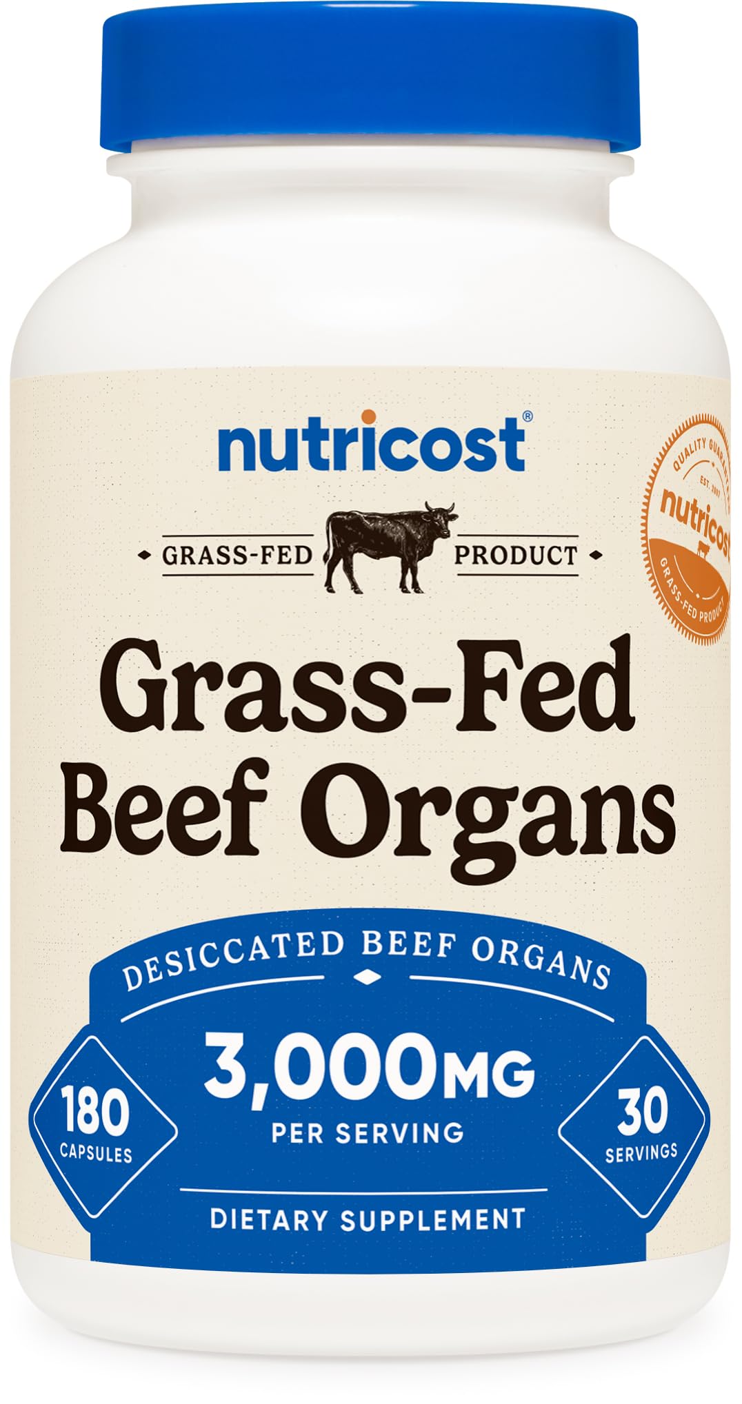 Nutricost bote frontal de Grass Fed Beef Organs mostrando el diseño y cantidad