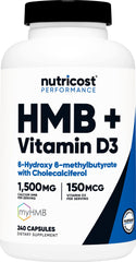 Nutricost frasco frontal mostrando HMB y Vitamina D3, presentación clara