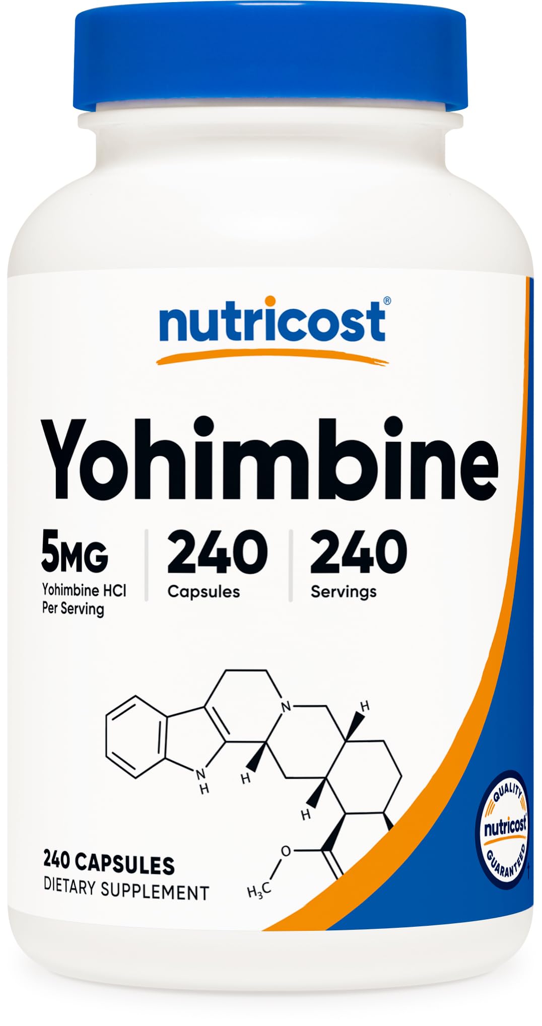 Nutricost envase frontal mostrando yohimbine 240 cápsulas y beneficio de suministro prolongado