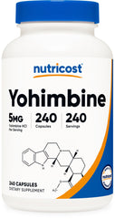 Nutricost envase frontal mostrando yohimbine 240 cápsulas y beneficio de suministro prolongado
