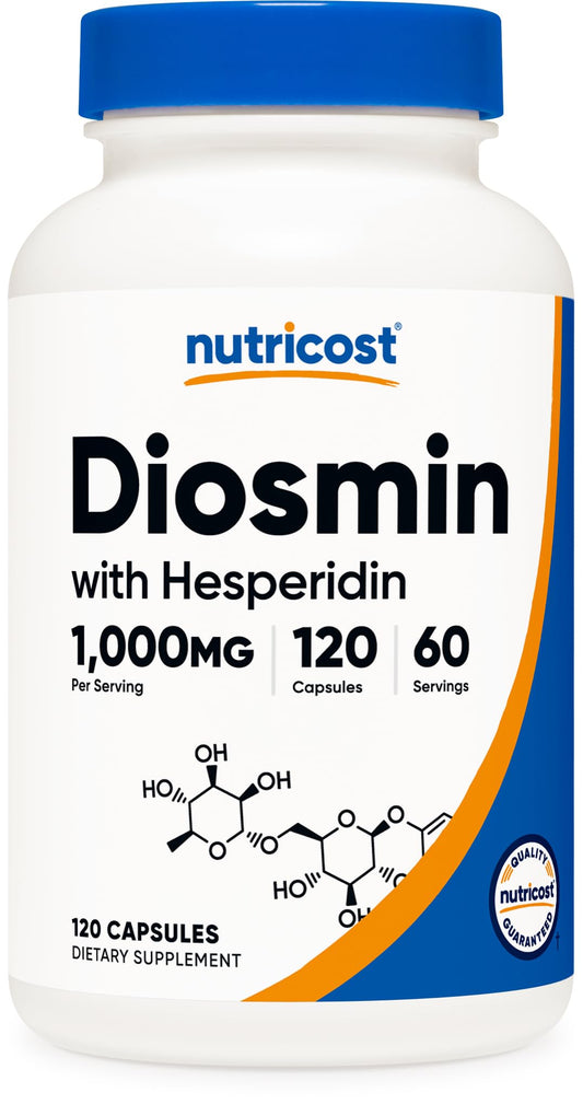 Nutricost frasco frontal de Diosmin con Hesperidina mostrando etiqueta y beneficios