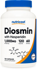 Nutricost frasco frontal de Diosmin con Hesperidina mostrando etiqueta y beneficios