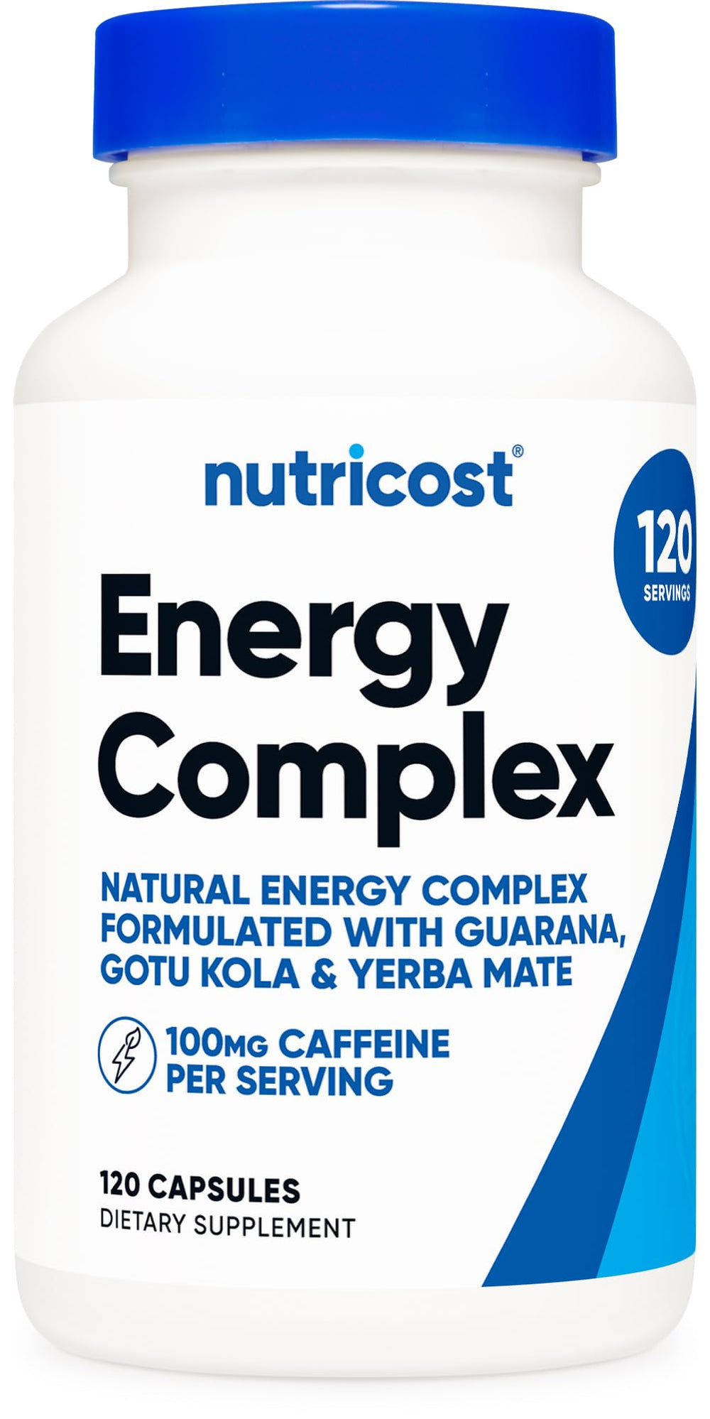 Nutricost frasco frontal mostrando 120 cápsulas y beneficio conveniencia