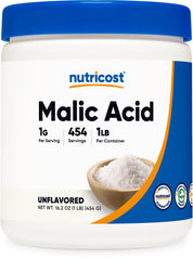 Nutricost envase frontal ácido málico muestra tamaño y etiqueta, confianza de producto