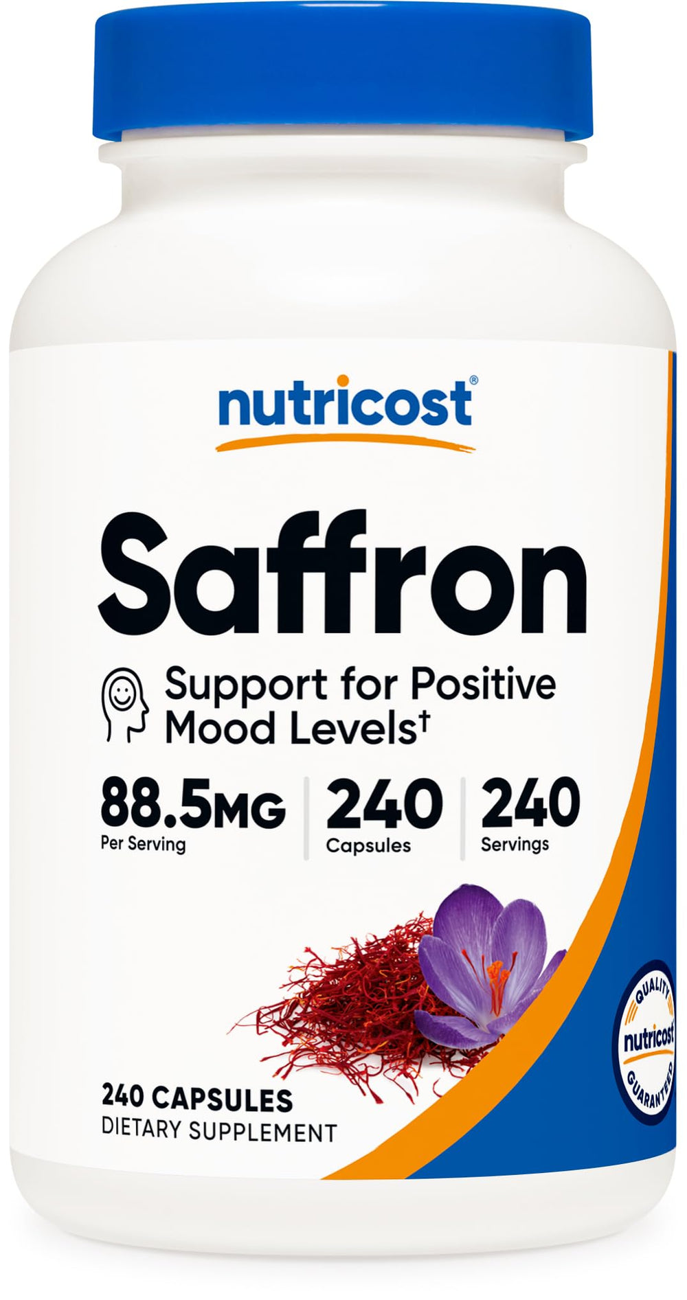 Nutricost frasco frontal de extracto de azafrán, envase claro y descriptivo