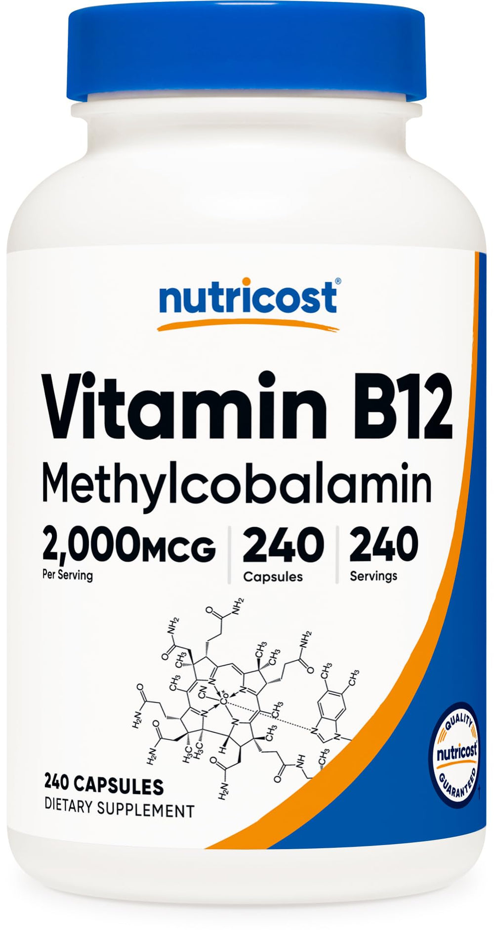 Frontal del frasco Nutricost B12 mostrando el diseño y cantidad