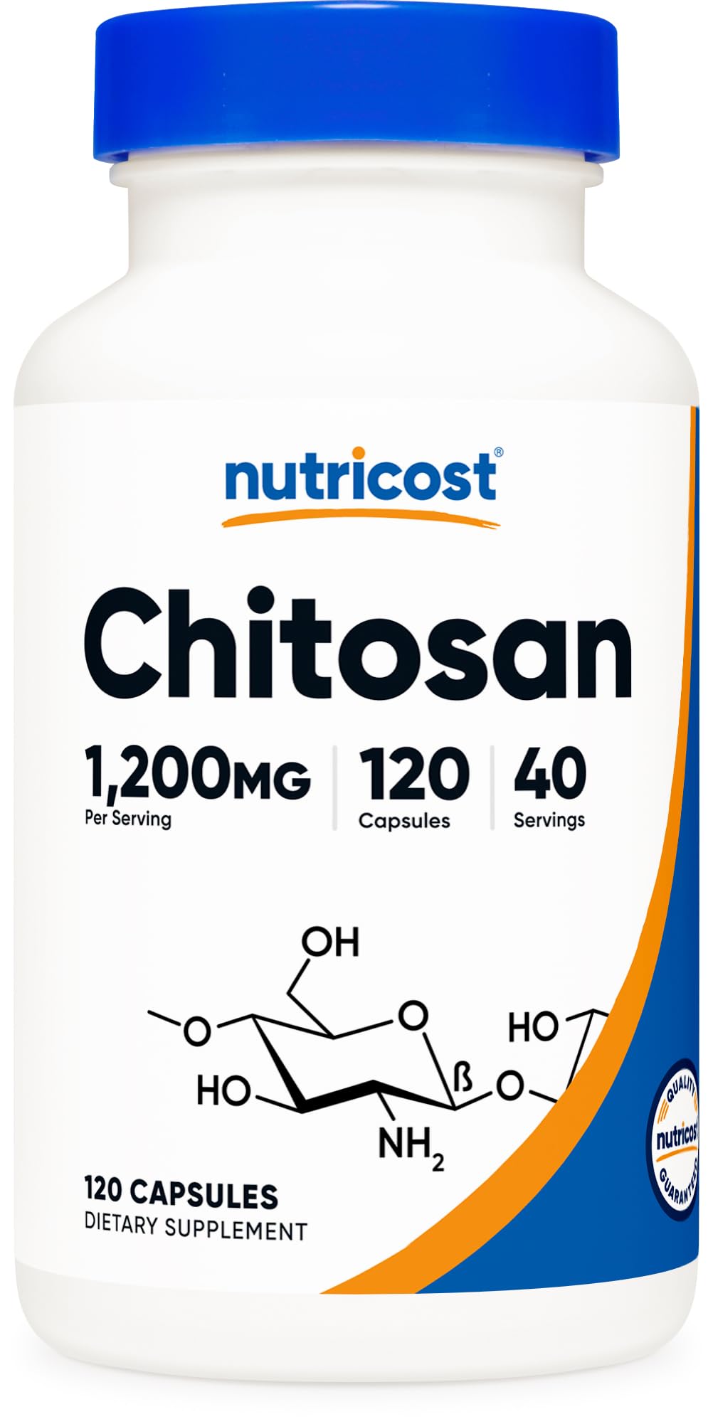 Nutricost envase frontal mostrando chitosan y beneficios de dosificación
