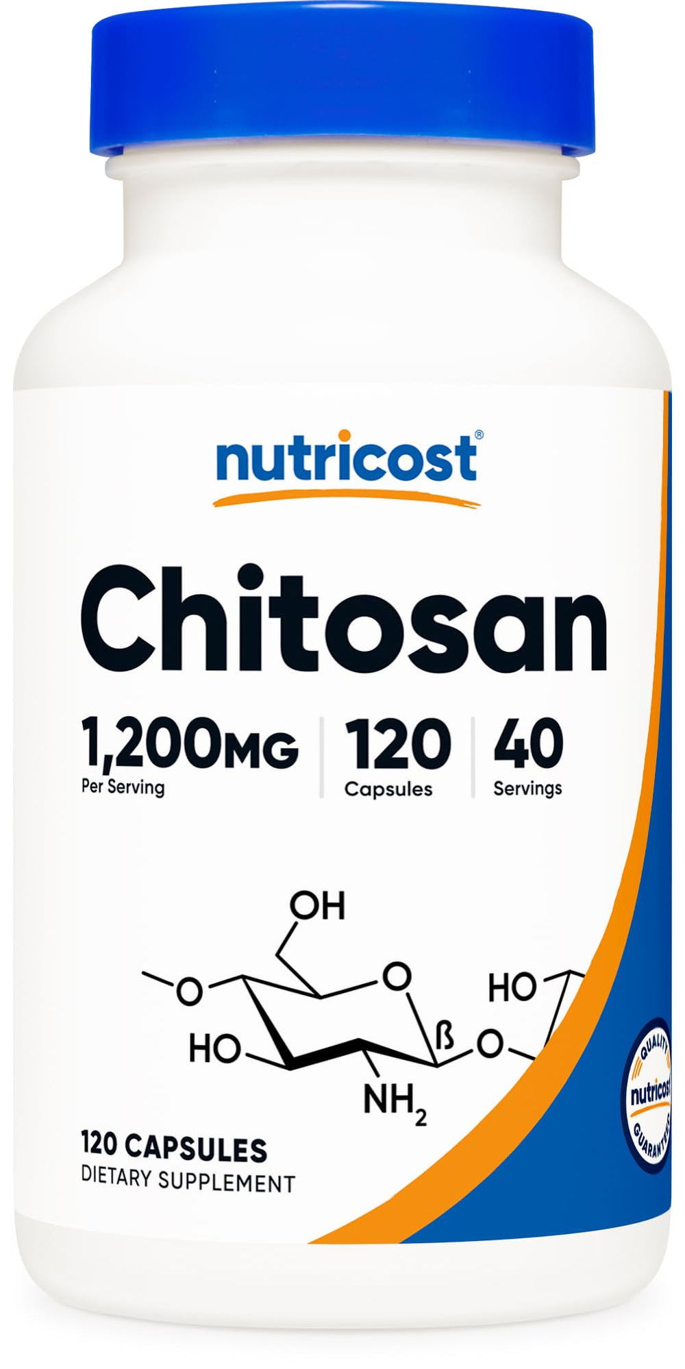 Nutricost envase frontal mostrando chitosan y beneficios de dosificación
