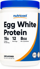 Nutricost envase frontal Egg White Protein 8oz mostrando tamaño y etiqueta, conveniencia