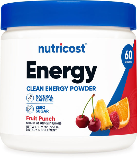 Nutricost envase frontal Energy Complex Fruit Punch mostrando cantidad y sabor