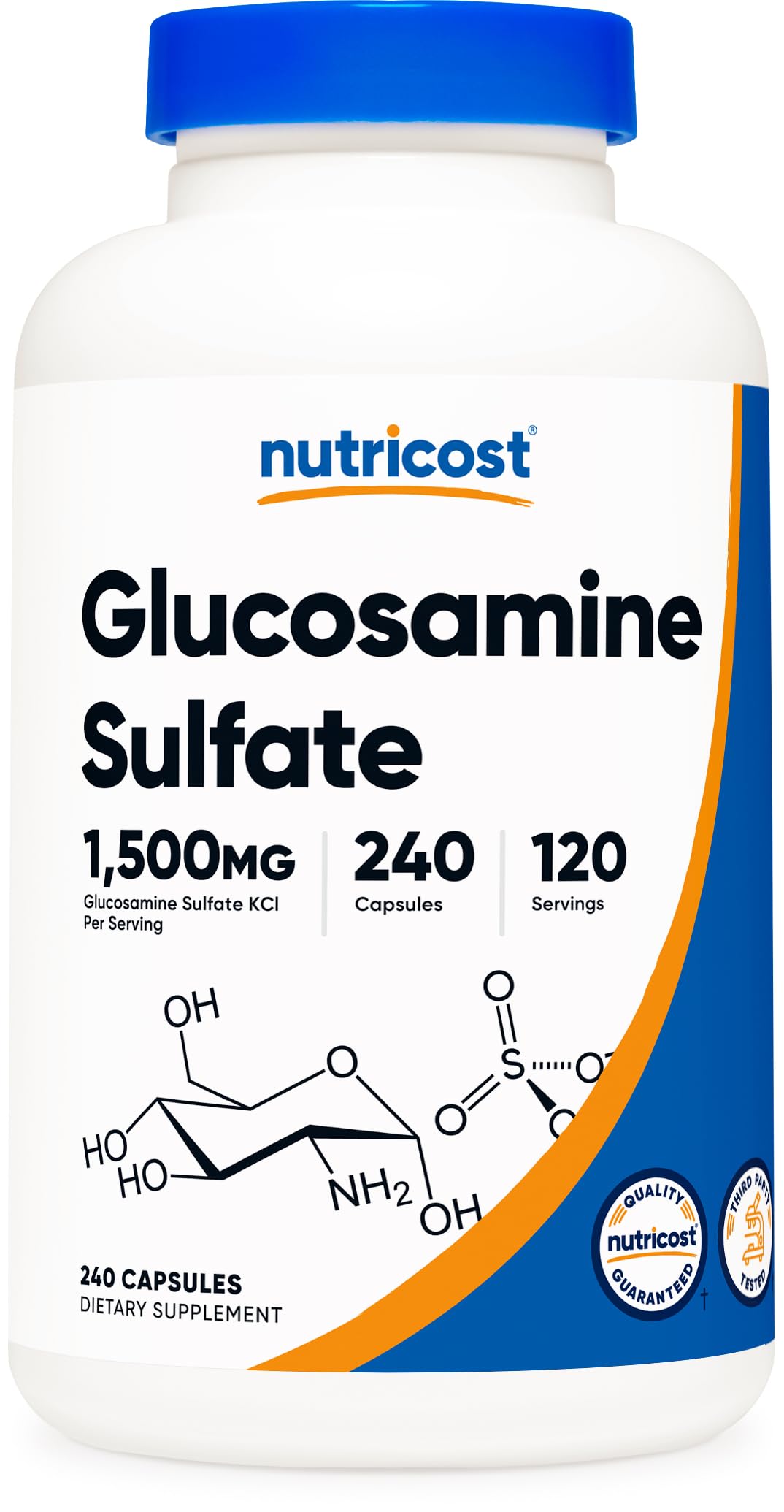 Nutricost envase frontal de glucosamina sulfato 240 cápsulas muestra cantidad y marca