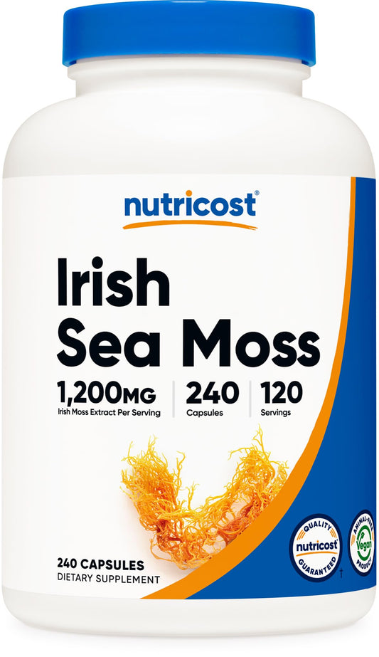 Nutricost frasco frontal de Irish Sea Moss mostrando envase y cantidad