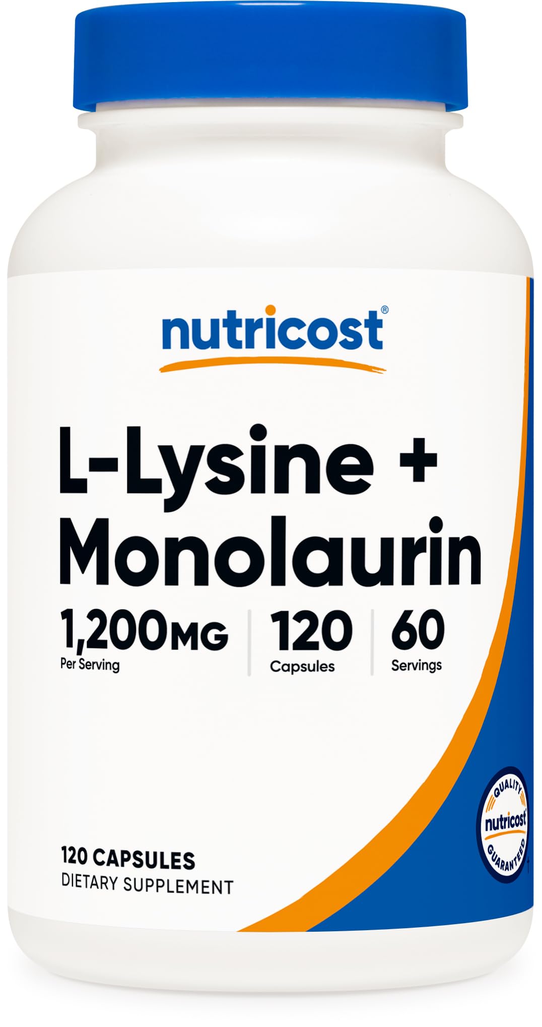Nutricost envase frontal L-Lysine + Monolaurin mostrando etiqueta clara y beneficios