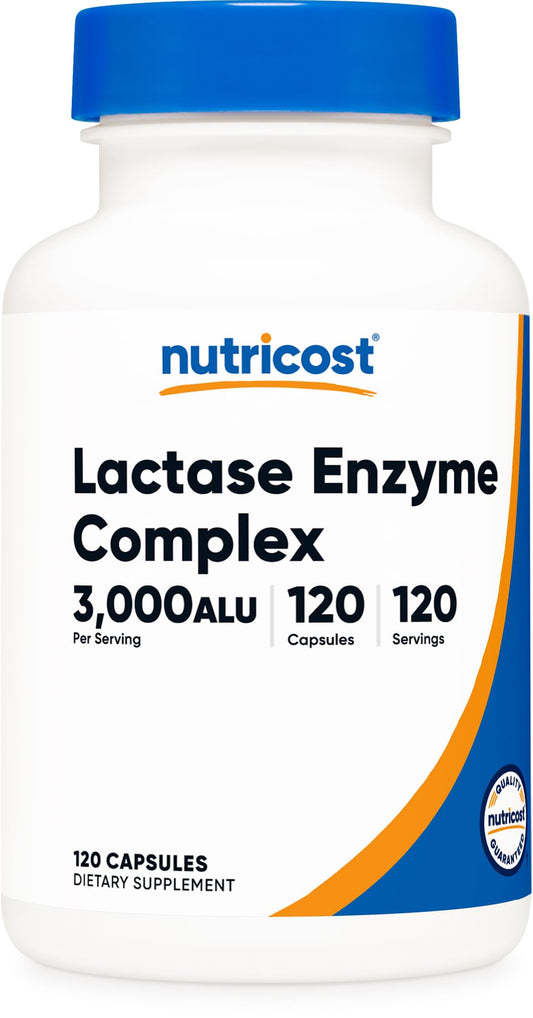 Nutricost envase frontal Lactase 120 cápsulas, presentación clara y confiable