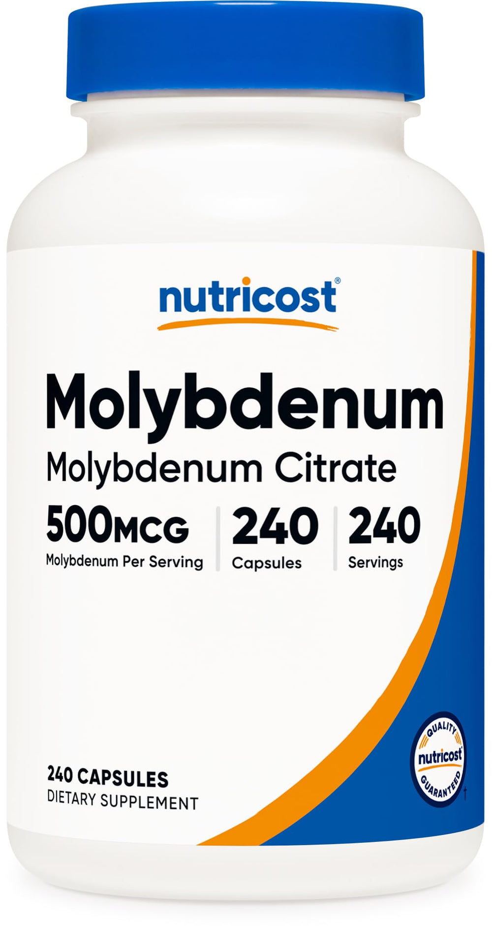 Nutricost envase frontal de Molybdenum 500 mcg mostrando presentación y cantidad