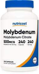Nutricost envase frontal de Molybdenum 500 mcg mostrando presentación y cantidad