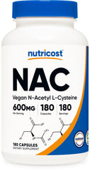Nutricost frasco frontal NAC 600mg mostrando etiqueta clara y beneficio de pureza